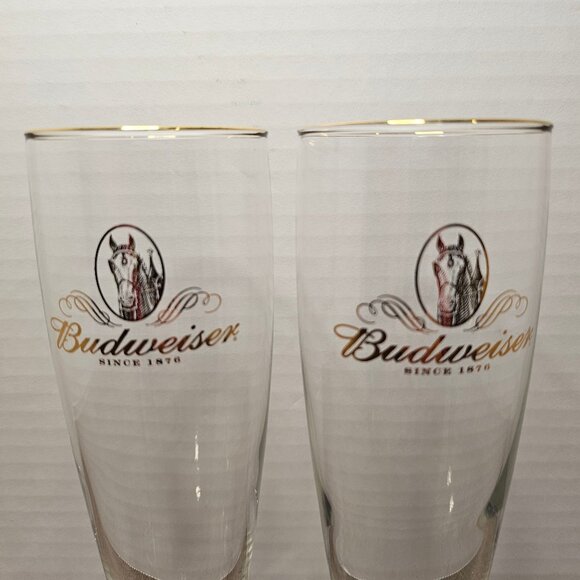 Set of 2 Vintage Budweiser Since 1876 Pilsner Beer Glasses Gold Rimmed And Lette - Picture 2 of 7